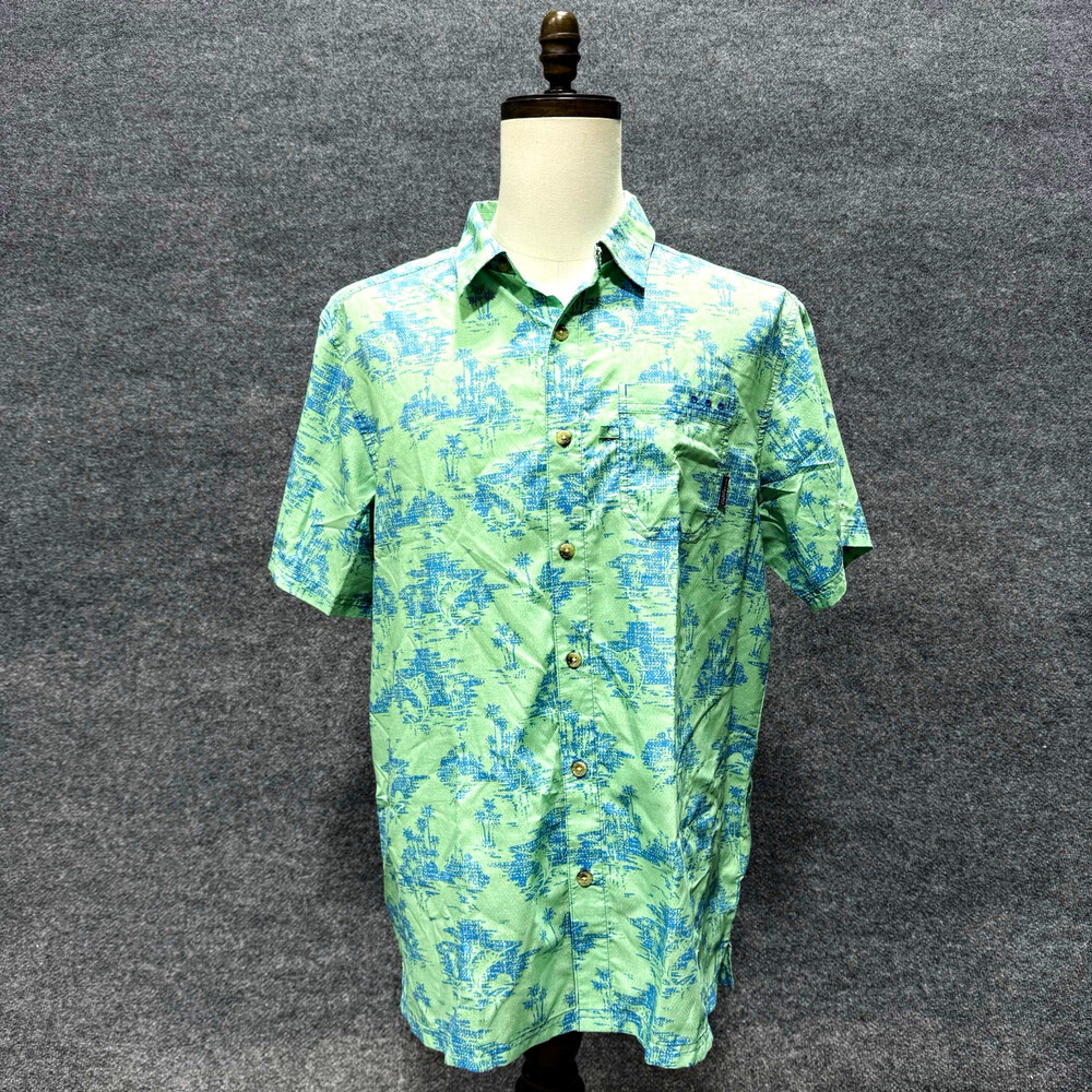 Columbia PFG Shirt Mens Large Green Blue Tropical Print Short Sleeve Fishing